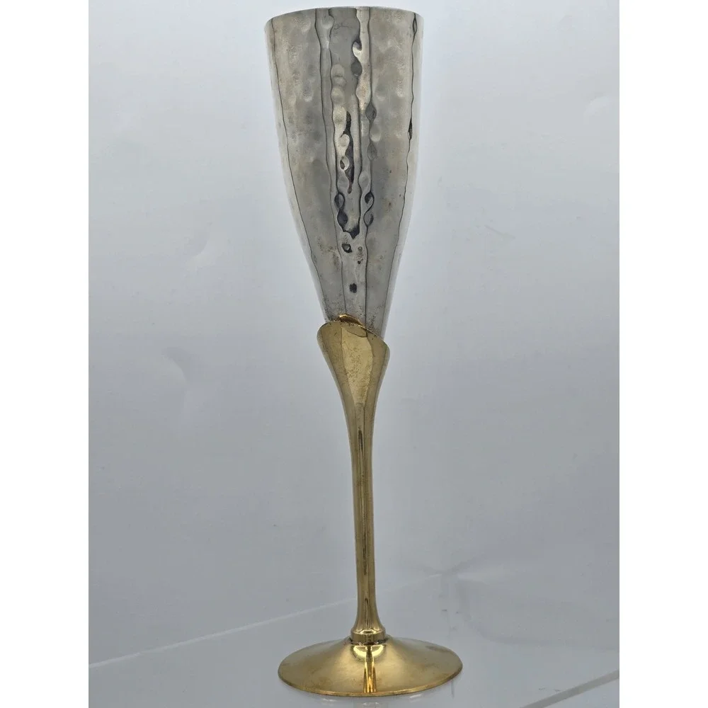 Engraved Brass Goblet Champagne Glass Flute‎ - Silver And Gold Tone